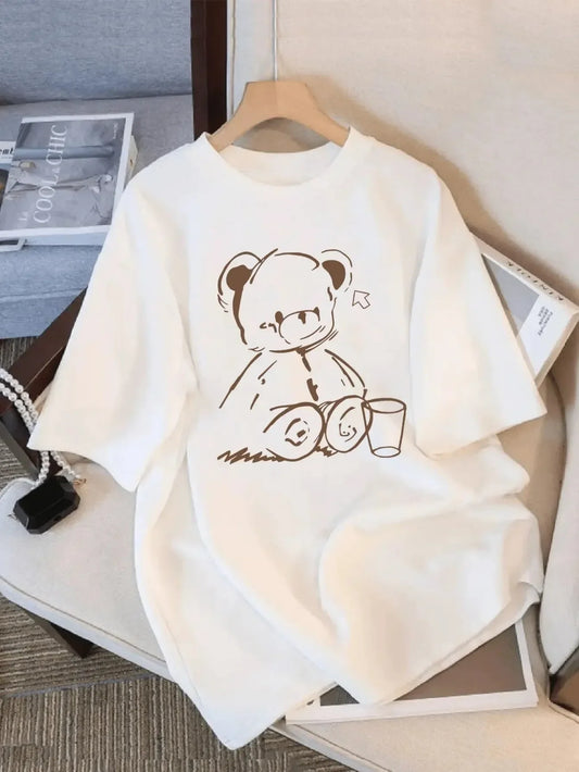 Cute Teddy Bear Print Crew Neck Tops Women's Fit Short Sleeve Cartoon Fashion Coffee Cup Kawaii Women Clothing