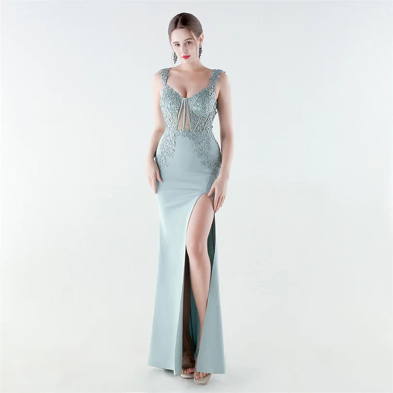 10 Colors Women's Sexy Slit Evening Dress with Appliques Soft Satin Wedding Party Dresses Prom Gowns robe de soiree