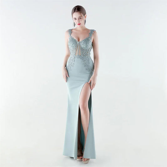 10 Colors Women's Sexy Slit Evening Dress with Appliques Soft Satin Wedding Party Dresses Prom Gowns robe de soiree