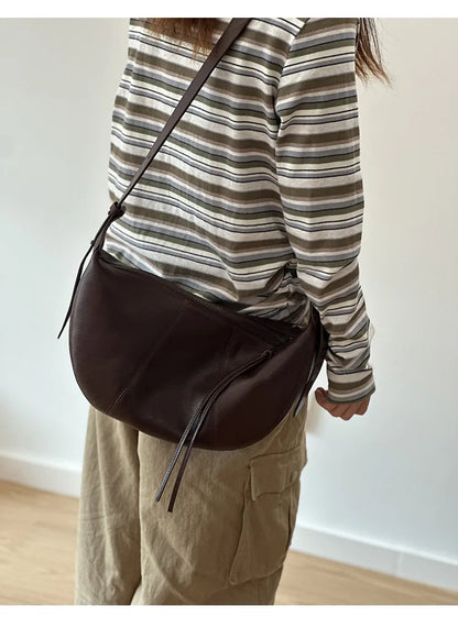 2026 New Genuine Leather Women's Bag Casual Solid Color Versatile Saddle Bag Soft Cowhide Shoulder Crossbody Bags