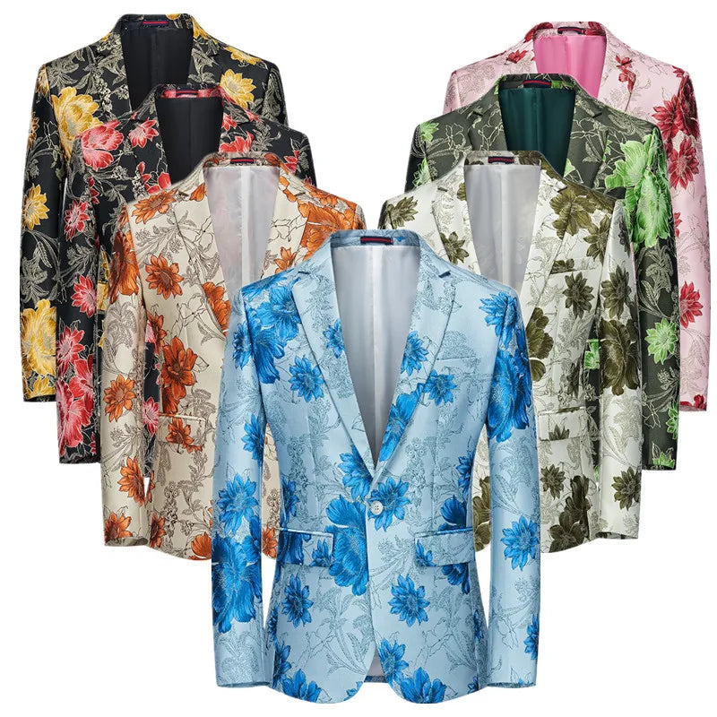 New Men Fashion Flower Suit Luxury Jacquard Jacket Homme Wedding Ball Party Single Button Blazer Singer Stage Performance Coat