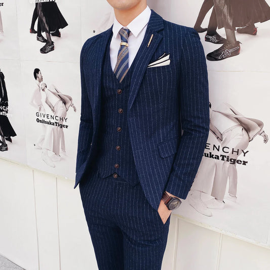 (Blazer+Vest+Pants) 2024 New Striped  Wedding Suits  for Men Three Piece Business Casual Party Multi-Occasion Slim Dress