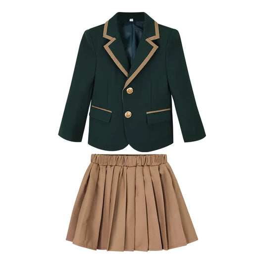 Children British Green School Uniform Girls Korean Jacket Pleated Skirts Boys Blazers Pants Suits Kids Teens Student Clothes Set