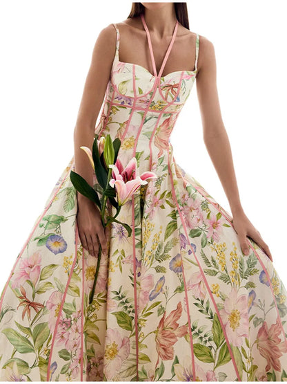 Women's Retro Floral Print Corset Maxi Dress Sexy Sleeveless Halter Neck Flowy Long Dress Lady Summer Vacation Dating Streetwear