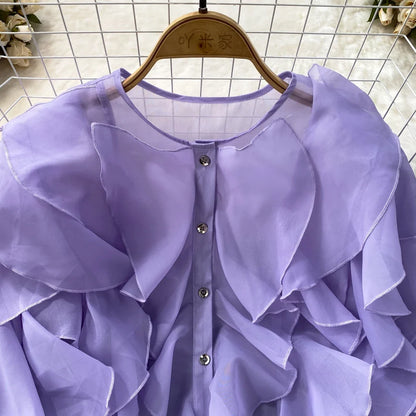 Autumn Blouse for Women Fashion O-neck Long Puff Sleeve Flounced Edge Shirts French Chic Versatile Female Tops Dropshipping