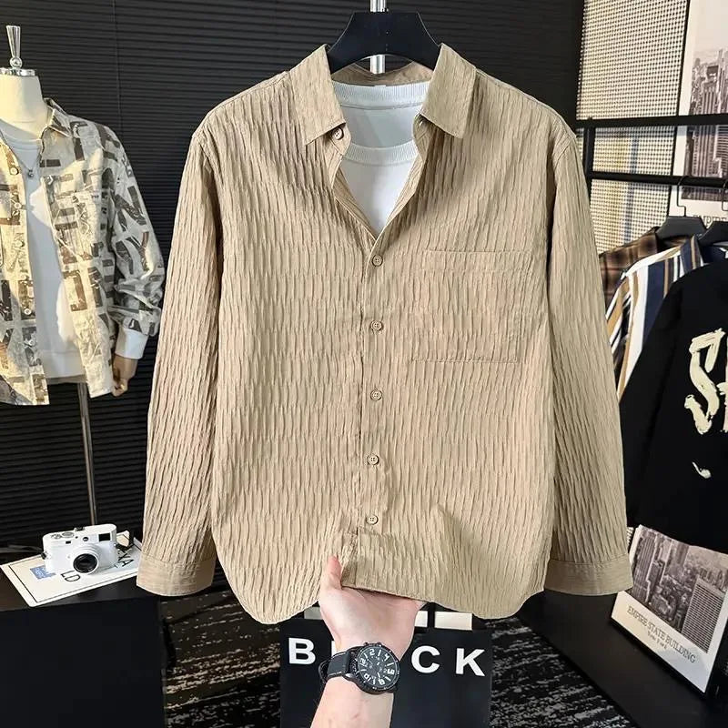 Casual Ice Silk Bubble Men's Anti-Wrinkle Summer Loose Fashionable Long Sleeve Shirt Urban Style Flip Collar Button Closure