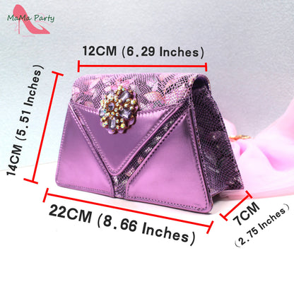 Special Design New Coming INS Hot Sale African Women Shoes and Bag Set in Pink Color with Shinning Crystal for Party
