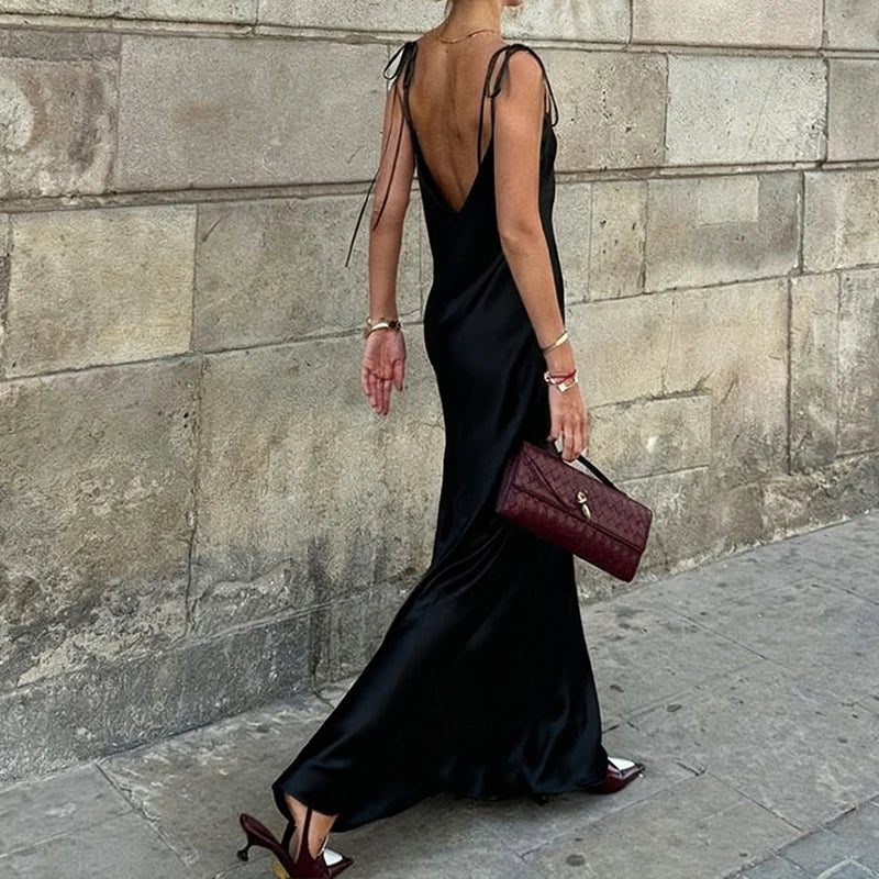 Women's Satin Champagne Dress Sleeveless Sexy Backless Evening Dresses Guest Elegant Bridesmaid Long Evening Gown