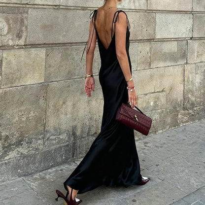 Women's Satin Champagne Dress Sleeveless Sexy Backless Evening Dresses Guest Elegant Bridesmaid Long Evening Gown