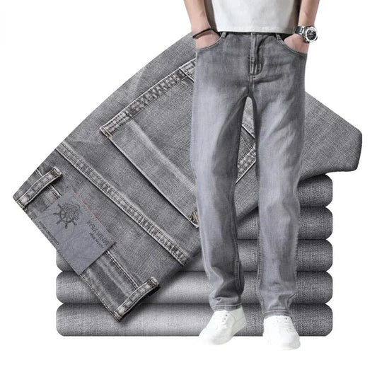 2026 Cotton Stretch Jeans Business Casual Men's Thin Denim Jeans Grey Spring Summer Brand New Fit Straight Lightweight