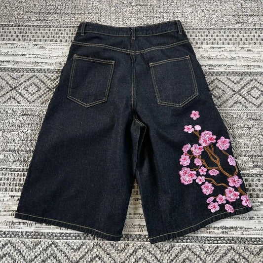 2026 American New Geometric Cherry Blossom Embroidery Wash Jeans Shorts Women Y2K Gothic Hip Hop Popular Casual Joker Shorts