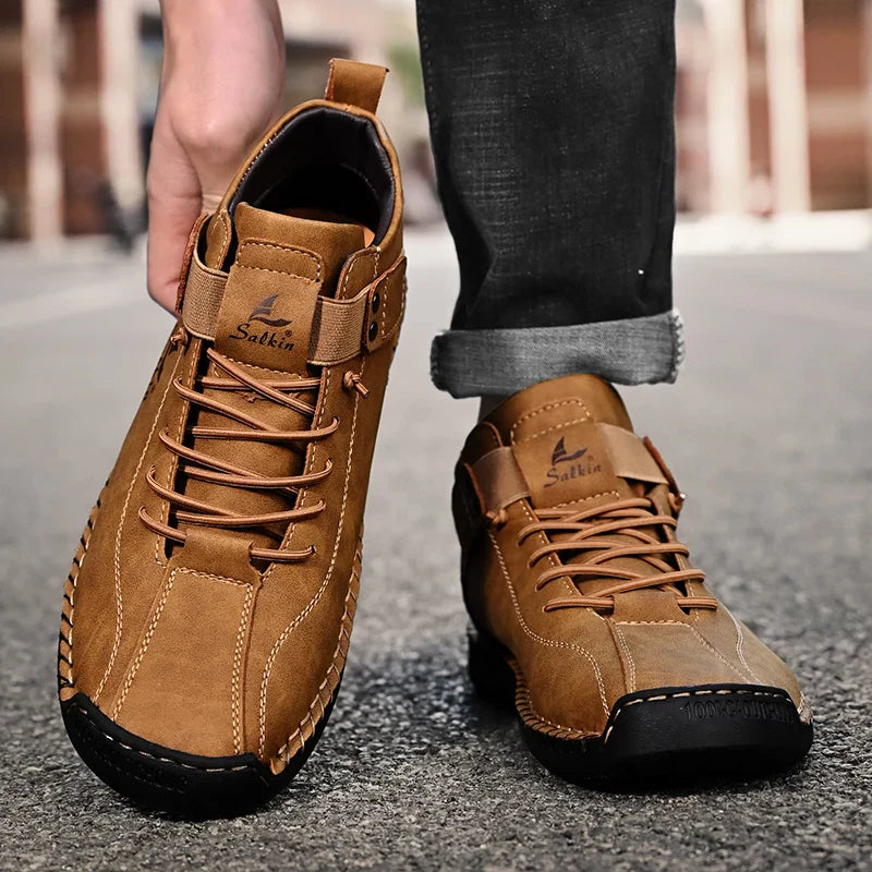 New 2025 Handmade Leather Casual Men Shoes Design Sneakers Man Breathable Leather Shoes Ankle Boots Outdoor Non Slip Walking
