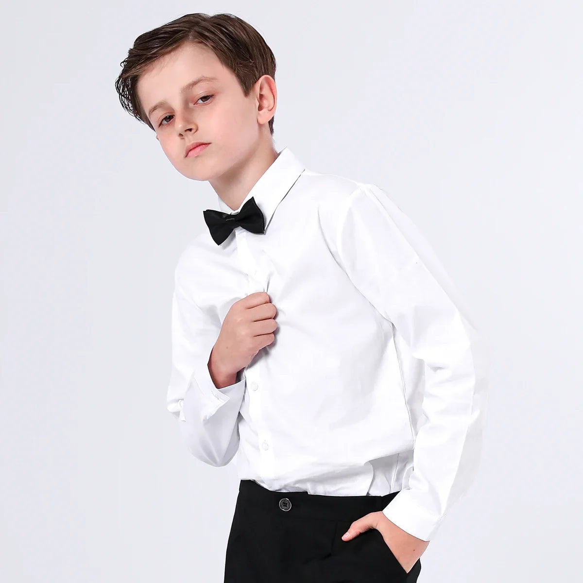 Boys Dress Shirt Kids School Uniform Long Sleeve with Bowtie Formal Gentelmal Gift Perform Ceremony Clothes White 6 to 14 years