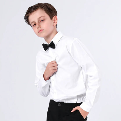 Boys Dress Shirt Kids School Uniform Long Sleeve with Bowtie Formal Gentleman Gift Perform Ceremony Clothes White 6 to 14 years