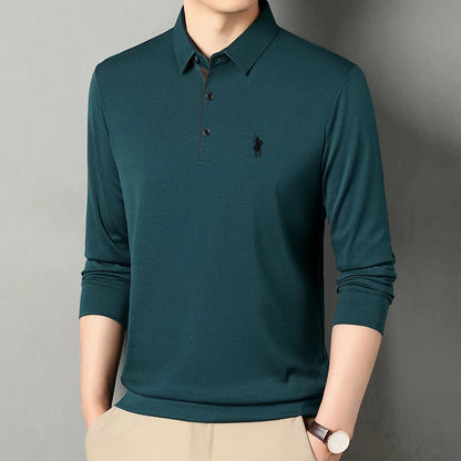 2025 Latest Autumn New Men's Long Sleeve Polo Shirt Middle Aged Business Comfortable Solid Color Men's Collar T-shirt