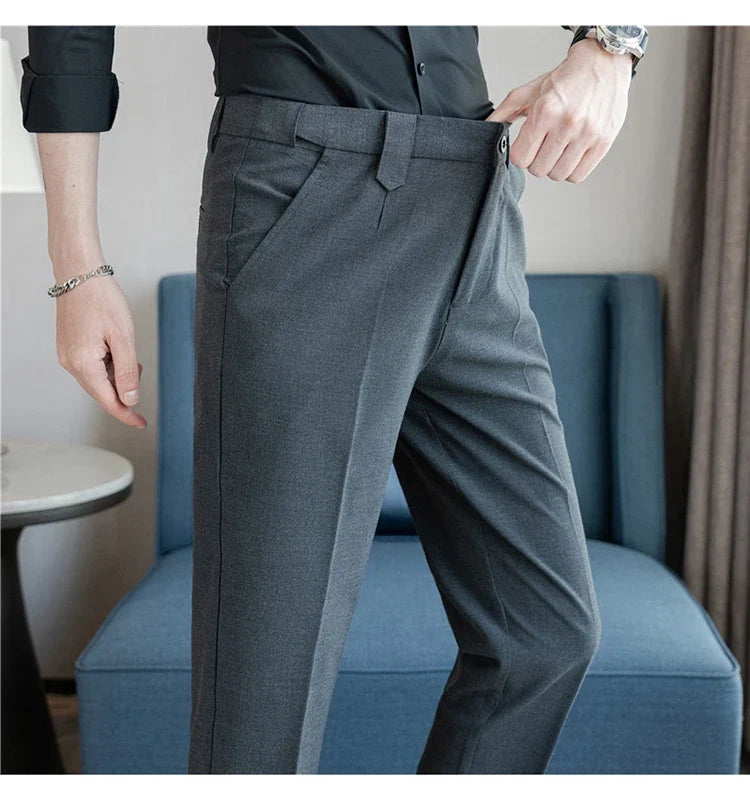 Elastic Waist Solid Color Suit Pants Men Formal Slim Fit Business Casual Trouser High Quality Social Wedding Fashion Dress Pant