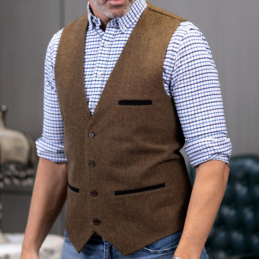 Men Vest Brown V Neck Single ButtonTweed Casual Business Waistcoat For Wedding Party Banquet Prom Work Men Suit Vest