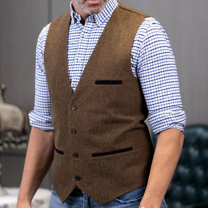 Men Vest Brown V Neck Single ButtonTweed Casual Business Waistcoat For Wedding Party Banquet Prom Work Men Suit Vest