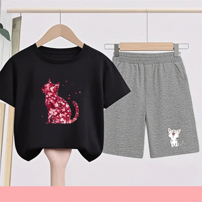 Summer Age 3-12 Girls boy cool breathable Tshirt Children T-shirt+bottom wear Set black 2pcs leisure Kids Set cat Print