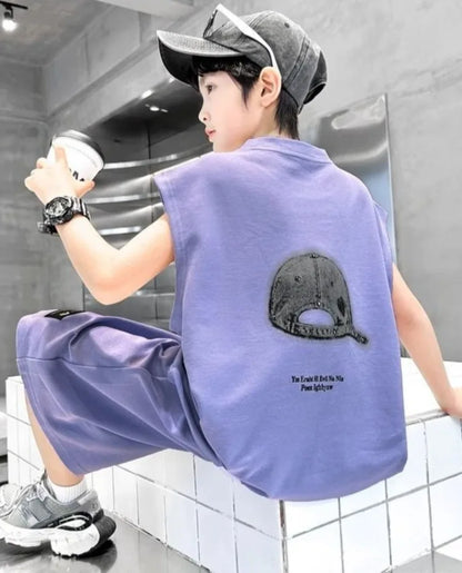 Boys' 2025 Summer New Arrival Sleeveless Two-Piece Vest & Sports Set for Big & Tall Kids