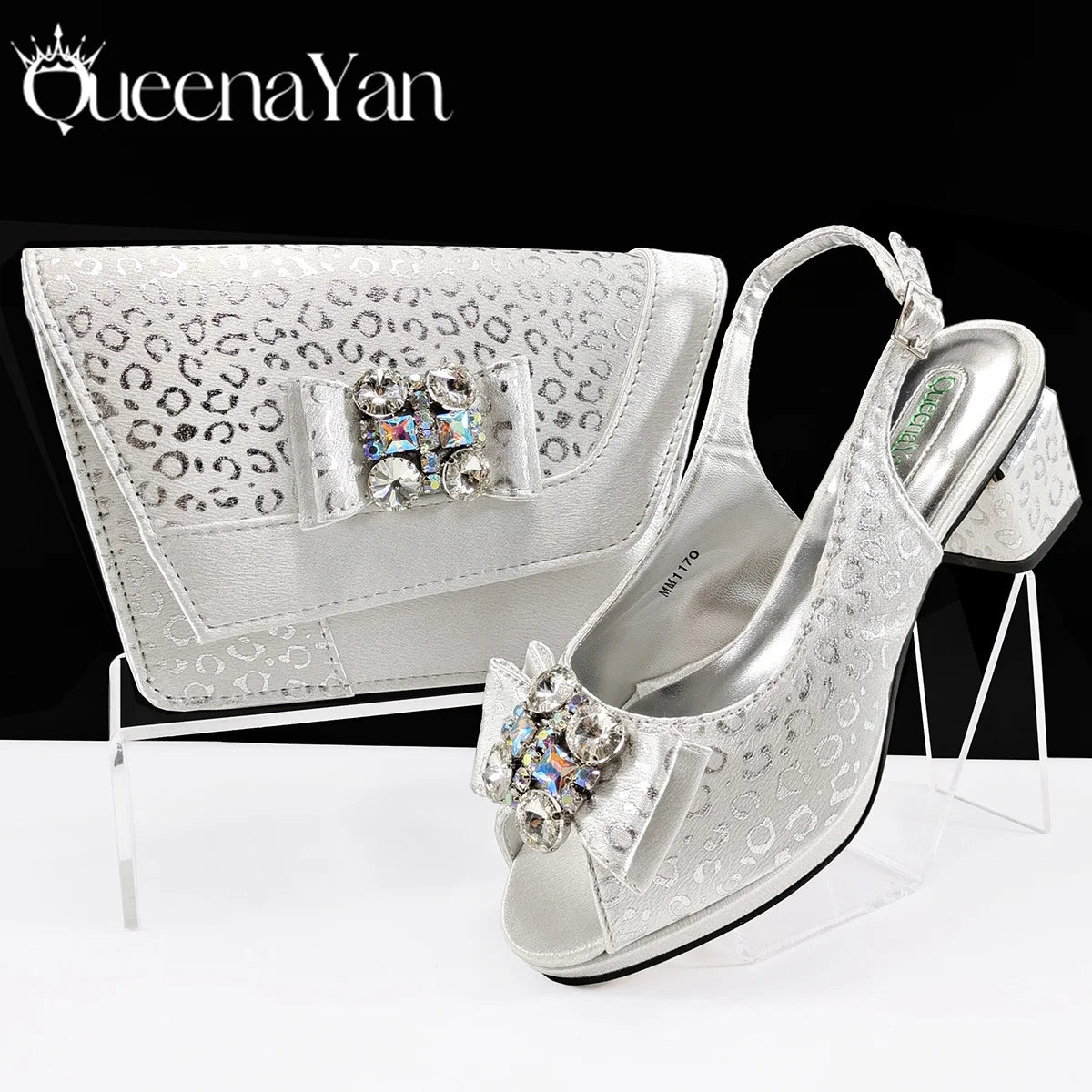 Queena Yan  2025 Shiny Italian Fashion Pointed Toe Women Heel Fashion Rhinestone Decoration Pink Color Shoes And Bag Set