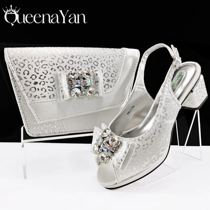 Queena Yan  2025 Shiny Italian Fashion Pointed Toe Women Heel Fashion Rhinestone Decoration Pink Color Shoes And Bag Set