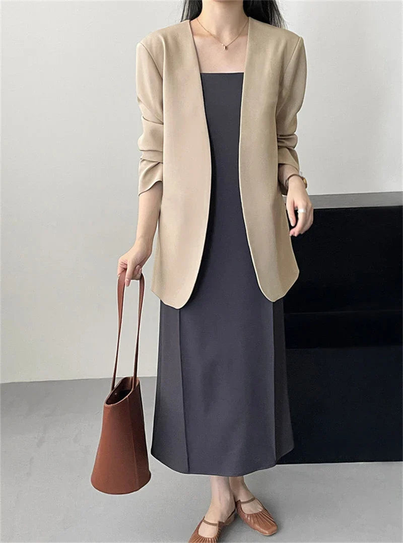 Fashion New Solid Casual Joker Women's Blazer Spring Autumn No Placket Cardigan Suit Jackets V-neck Long Sleeve 19-Color Coats