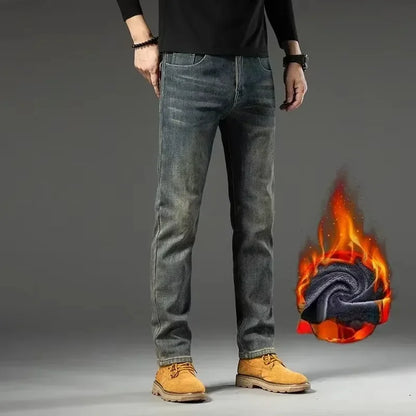 High Quality Winter Jeans New Casual Straight Tube with Fleece Thickening Loose Outside Warm Long Pants Streetwear Men