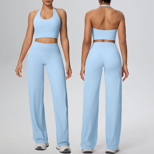 2PCS Woman Backless Hanging Neck Bra and Pants Yoga Set Summer Breathable Gym Sports Running Workout Top Hot Sales Yoga Set