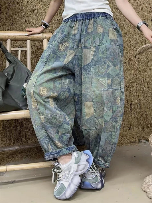 Printed Spring Patchwork Womens 2025 Harem Trousers Vintage Females Fashion Loose Leisure Denim Pants Classic Jeans