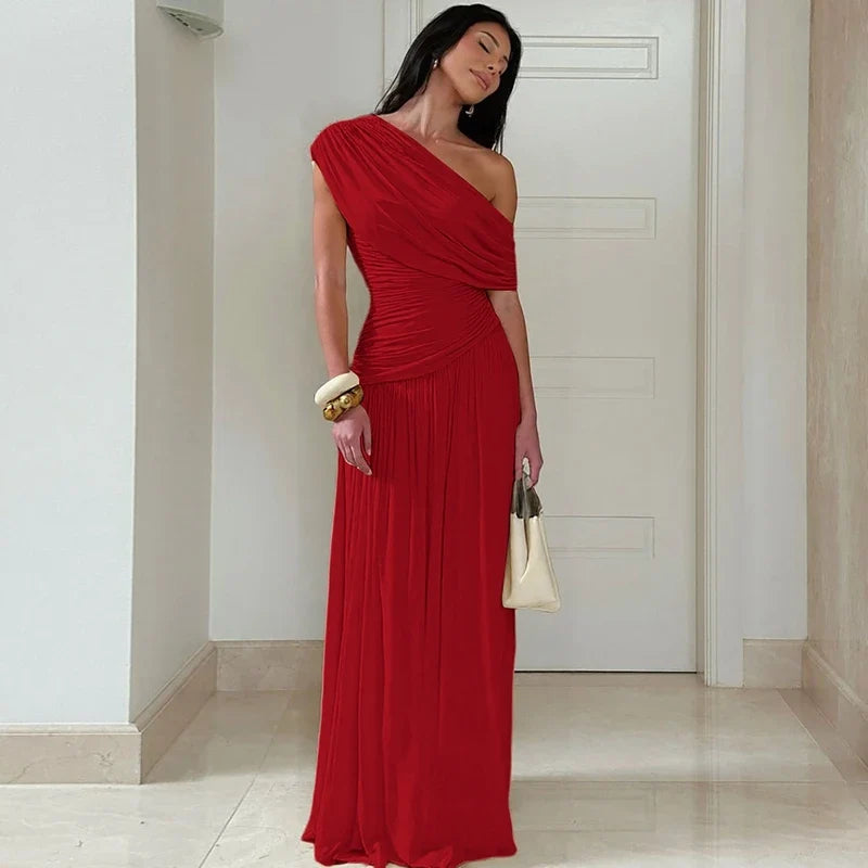 One Shoulder Ruched Sleeveless Solid Pleated Sexy Irregular Y2K Maxi Dress Summer Elegant Party Women Clothes Vacation