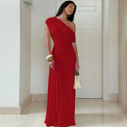 One Shoulder Ruched Sleeveless Solid Pleated Sexy Irregular Y2K Maxi Dress Summer Elegant Party Women Clothes Vacation