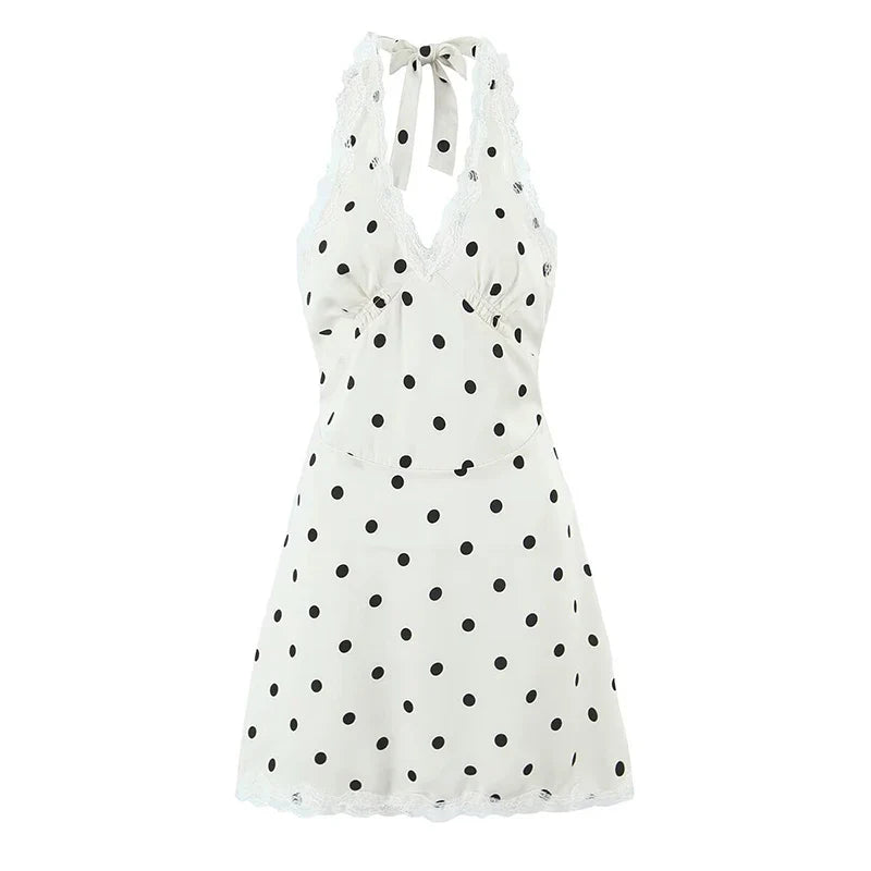 Lace Spliced Polka Dot Halter Dress Women Elegant A-line Mini Sexy Backless Dresses Summer Robe 2025