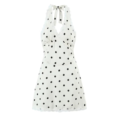 Lace Spliced Polka Dot Halter Dress Women Elegant A-line Mini Sexy Backless Dresses Summer Robe 2025