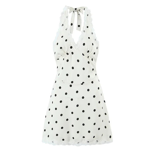 Lace Spliced Polka Dot Halter Dress Women Elegant A-line Mini Sexy Backless Dresses Summer Robe 2025