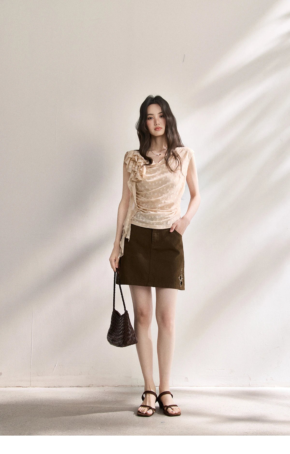 French Floral Lace Swing Neck Shirt For Women 2026 Summer New Pleated 3D Floral Ribbon Hazy Elegant Slim Top MXF24X2617
