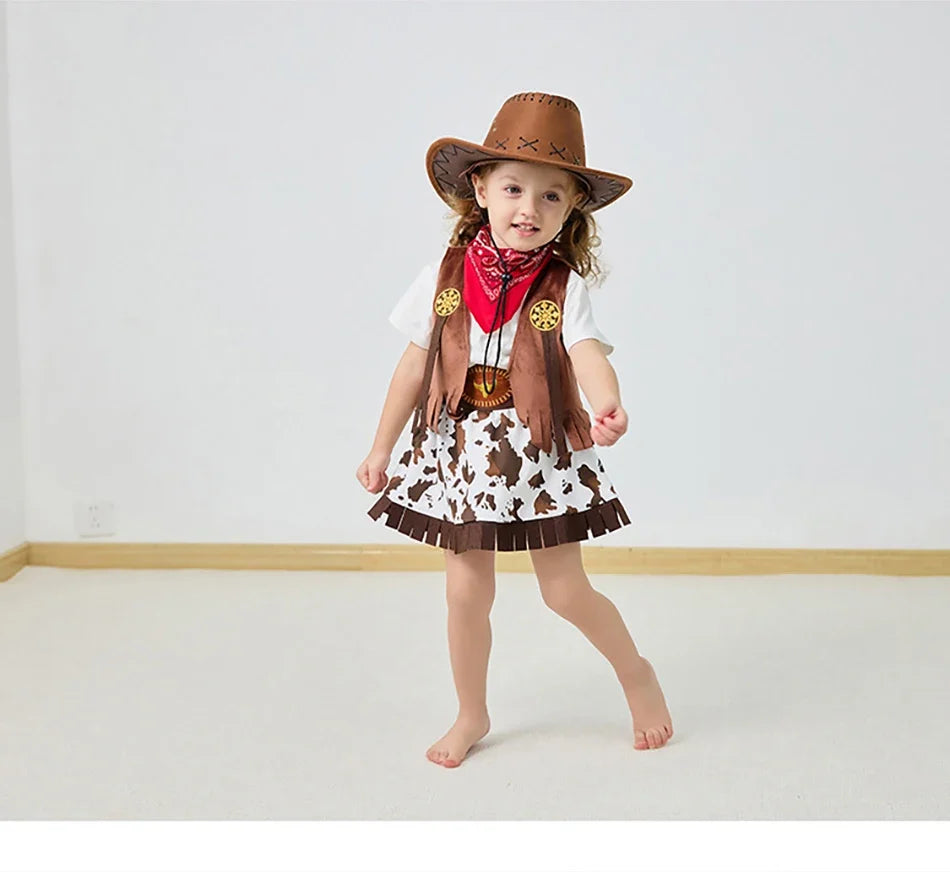 4/5 Pcs Set Girls Cowboy Role Play Skirt Clothes Vest Set Skirt Sets Kids Spring Autumn Halloween Cosplay Performance Costumes