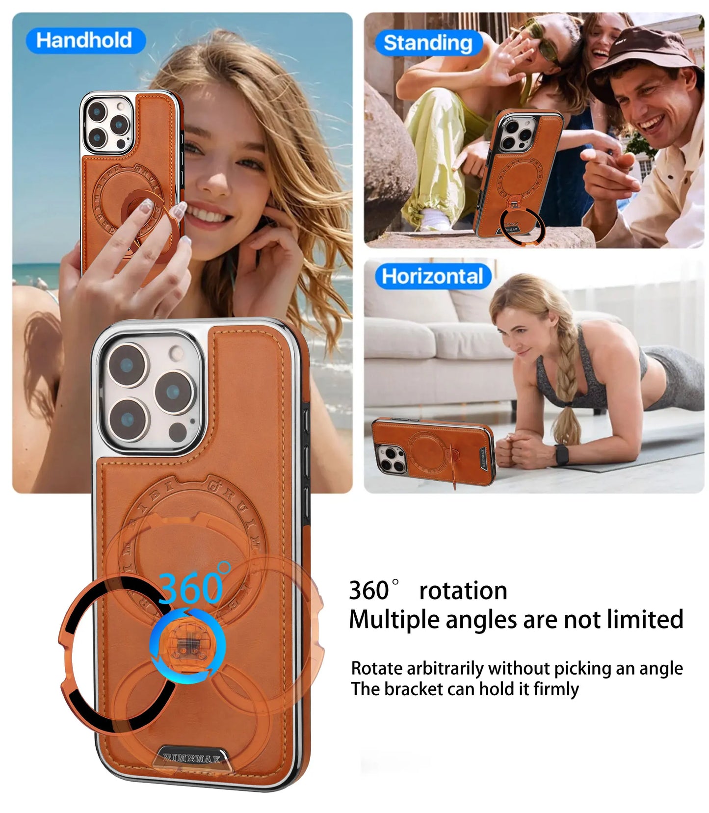 360 Rotating Bracket Luxury Magnetic Leather Phone Case For iPhone 16 17 Pro Max 15 14 13 12 Magsafe Wireless Charging Cover