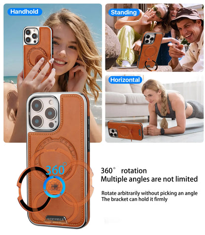 360 Rotating Bracket Luxury Magnetic Leather Phone Case For iPhone 16 17 Pro Max 15 14 13 12 Magsafe Wireless Charging Cover