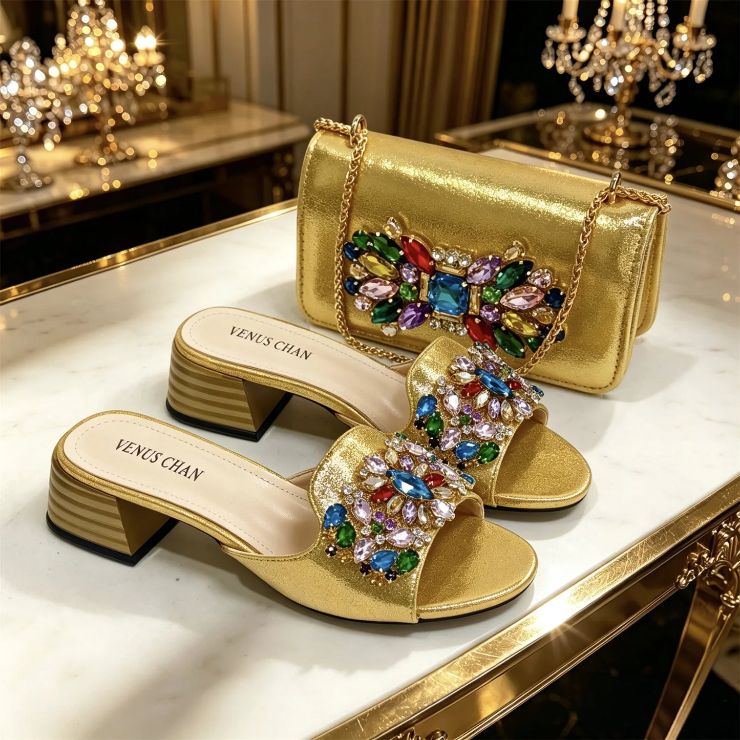 2026 Italian Luxury Dark Purple Rhinestone Sandals Matching Bag Set Women Peep Toe Block Heel Mules Ladies Evening