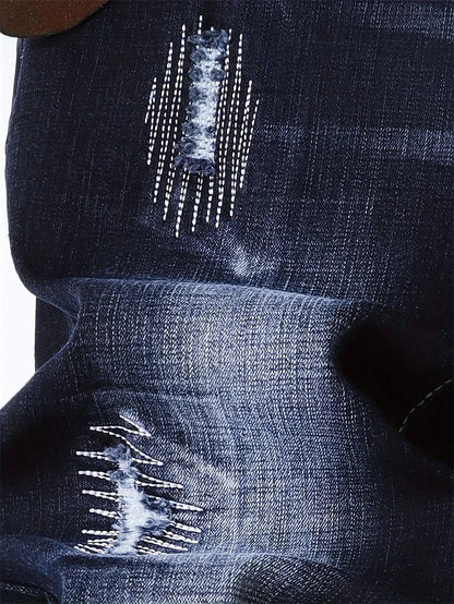 Motorcycle Trendy Straight Men's Jeans Elastic Washed Fashion Streetwear Denim Pants Embroidery Hip-Hop Trousers (Without Belt)