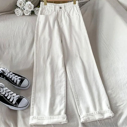 plus Size Women's Straight Leg Jeans High Waist Loose Fit Spring New Sle Slimming Wide Leg Student Long Trousers Trendy