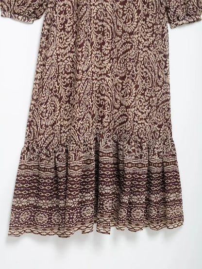Ele Layered Decorative Print Midi Dr Spring New Arrival Women's Faion JNLEAOG Long Sve V-Ne High Waist Skirt