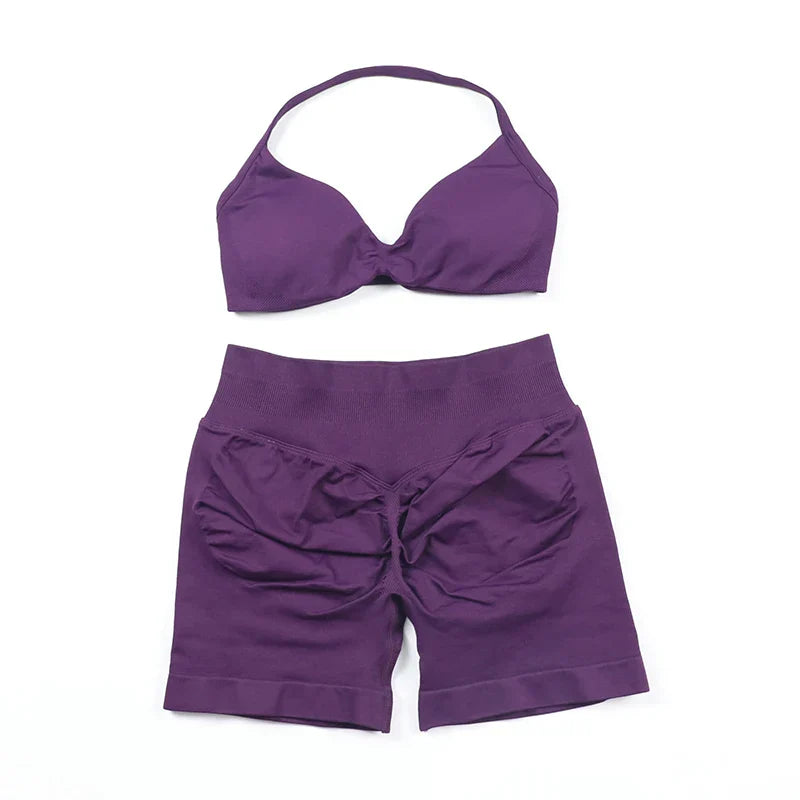 Scrunch Seamless Yoga Set Women Sportswear Ribbed Gym Shorts Strappy Sports Bra 2 Piece Set Halter Workout Clothes Fitness Suit