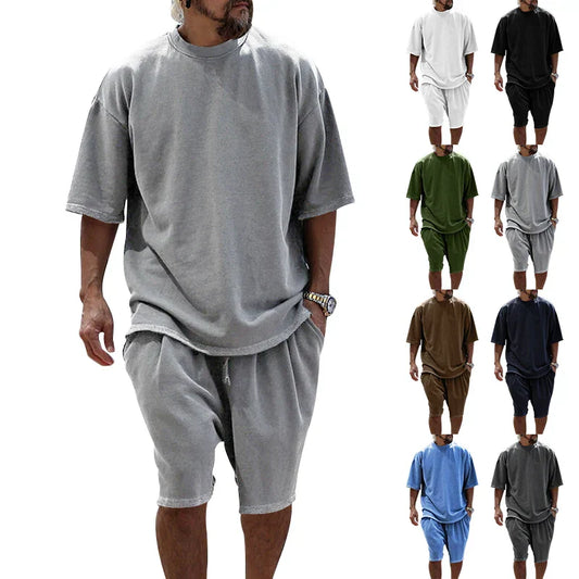 2024 Summer New Men's Set Japanese Style Plus Size Casual Loose Sports Suit Short Sleeve T-shirt Shorts Two-piece Men's Clothing