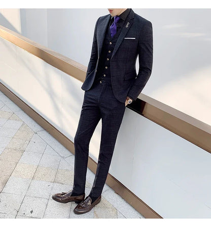 High Quality Slim-fit Men's Three-piece Suit with Vest And Trousers - Double Buckle Wedding Art Fabric Tough Man Suit