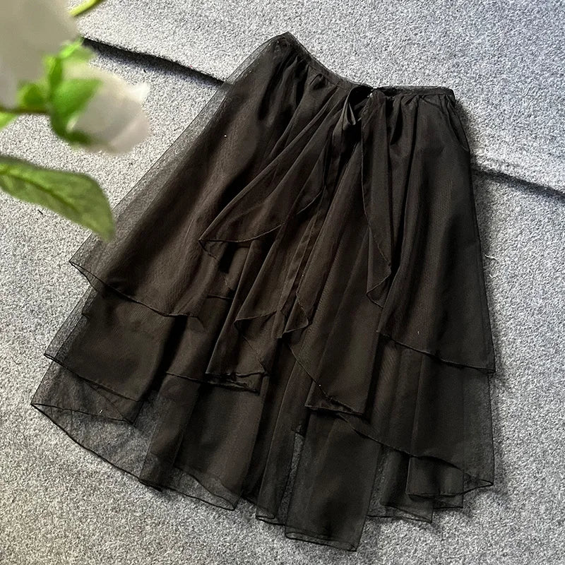 Sweet Lolita Asymmetrical Sheer Mesh Cover Up Curtain OP JSK Skirt Women Japanese Kawaii Elegant Double Layered Party Skirts