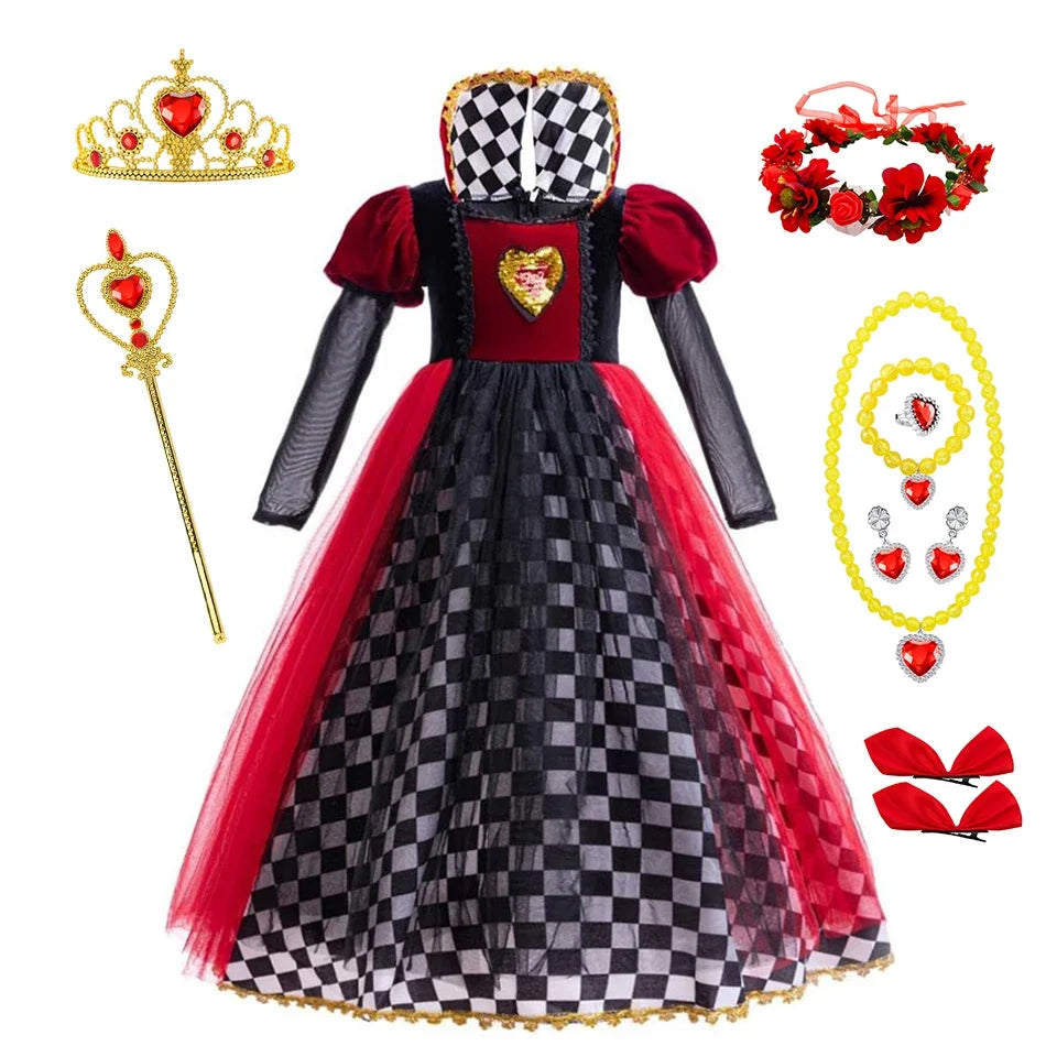 Girls Halloween Party Cosplay Red Queen Gown Clothes Kids Witch Long Sleeves Carnival Outfits Children Masquerade Fancy Costumes