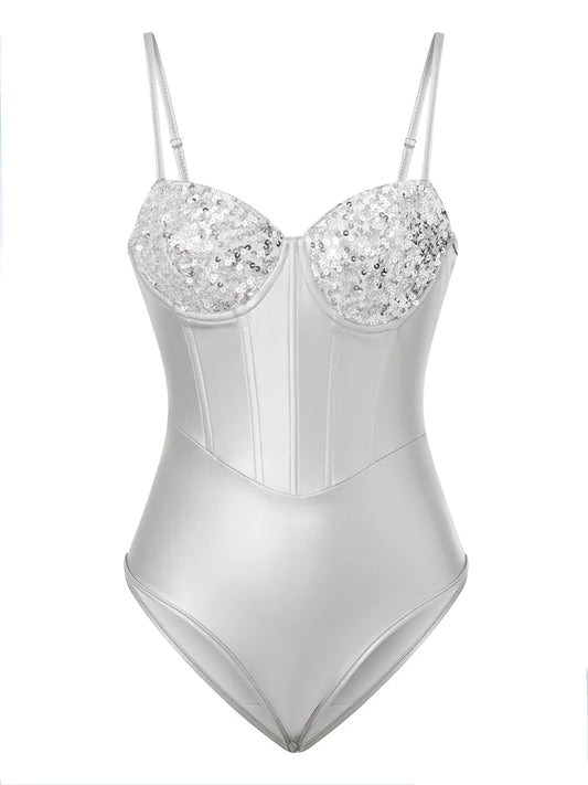 Women's Slim Sleeveless Bodysuit Sparkly Sequin Spaghetti Strap Triangle Romper Leotard Tops