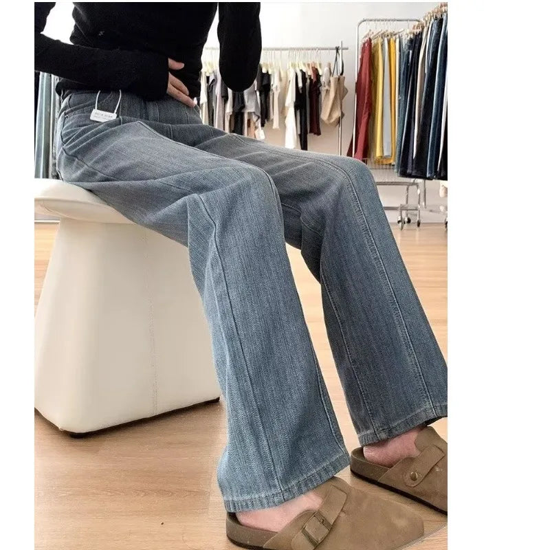 Retro Texture Wide Leg Denim Pants Loose Drapey Straight Long Trousers for Women High Waist Zipper Closure Casual Sle